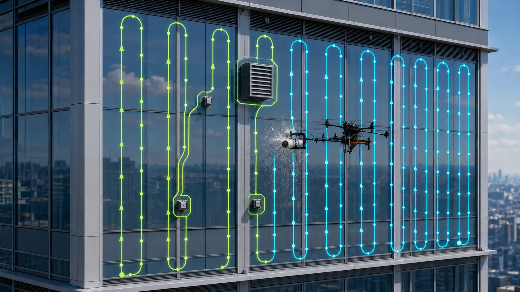 Autonomous cleaning concept: vertical coverage planning, facade-boundary awareness and real-time obstacle avoidance